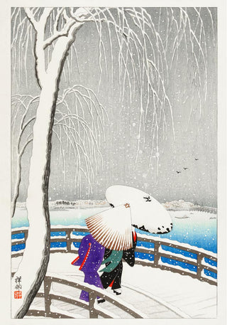 Two Women in the Snow on Yanagi Bridge – Ohara Koson | UV-beständig | Japanischer Winterdruck