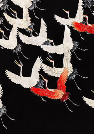 White Cranes and Red One Flying – Kimono Art Poster | Fine Art Print | UV-beständig | Premium Galeriequalität