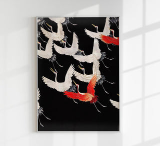 White Cranes and Red One Flying – Kimono Art Poster | Fine Art Print | UV-beständig | Premium Galeriequalität