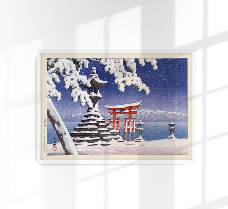 Snow at Itsukushima by Hasui – Japanischer Holzschnitt Winterlandschaft Fine Art Poster — Patroa Studio