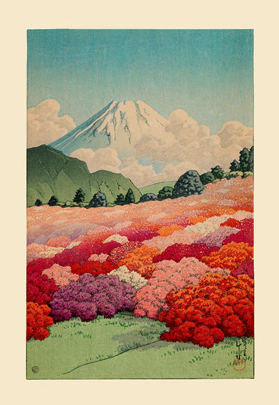 „View of an Azalea Garden and Mt Fuji“ von Hasui – japanischer Kunstdruck