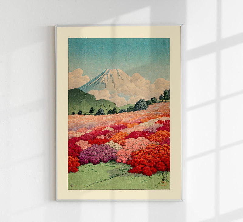 „View of an Azalea Garden and Mt Fuji“ von Hasui – japanischer Kunstdruck — Patroa Studio