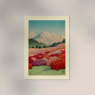 View of an Azalea Garden and Mt Fuji by Hasui Japanese Poster