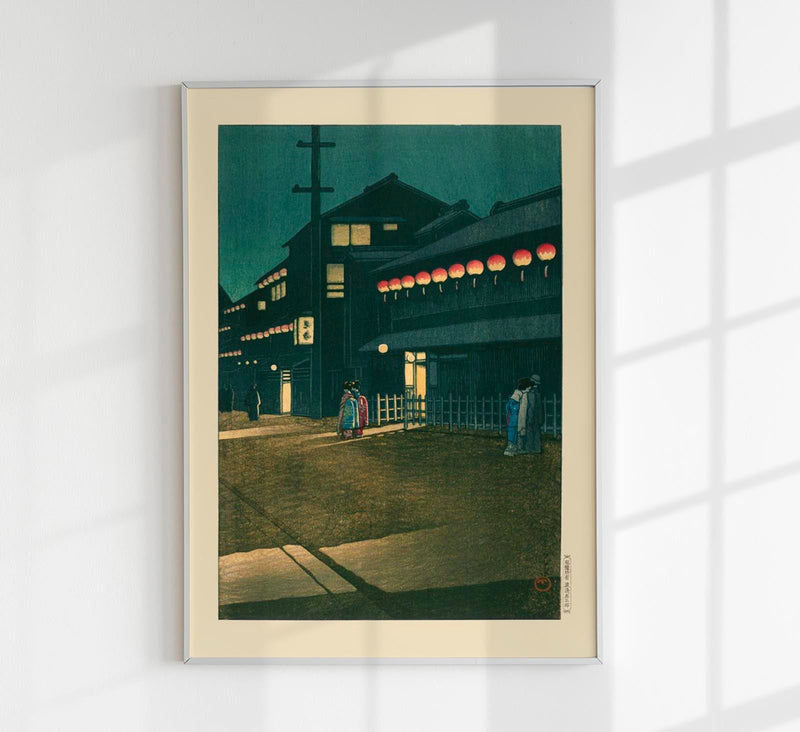Souemoncho Night Art Print by Kawase Hasui – Japanische Nachtansicht Osaka — Patroa Studio