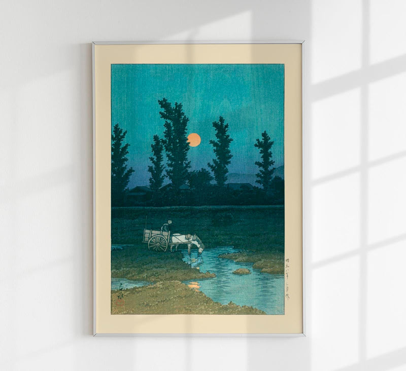 Evening Moon at Nakanoshima, Sapporo Art Print by Kawase Hasui – Wandbild Japanische Landschaft — Patroa Studio