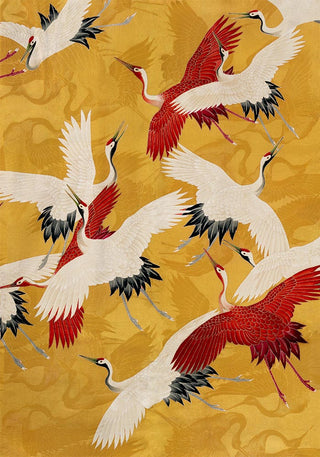 Red Cranes in Gold Yellow Kimono Poster – Fine Art Print | Japanisches Design | Atelierdruck Berlin