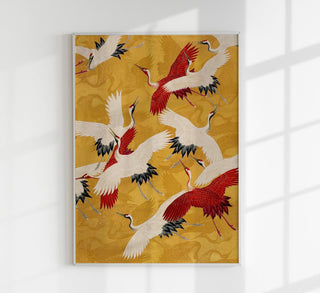 Red Cranes in Gold Yellow Kimono Poster – Fine Art Print | Japanisches Design | Atelierdruck Berlin