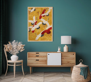 Red Cranes in Gold Yellow Kimono Poster – Fine Art Print | Japanisches Design | Atelierdruck Berlin
