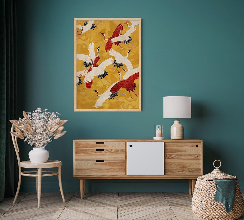 Red Cranes in Gold Yellow Kimono Poster – Fine Art Print Japanese Design — Ansicht 2