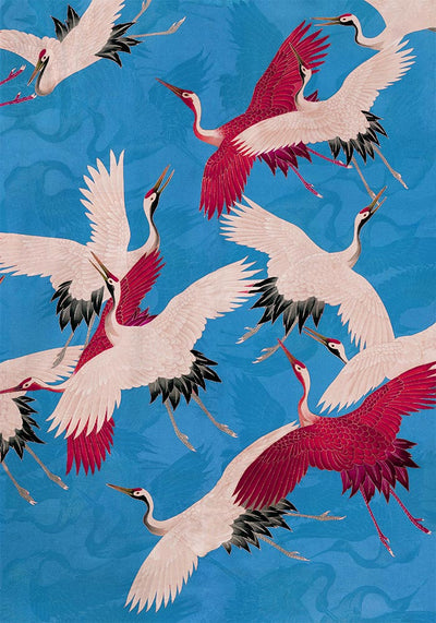 Pink Cranes in Blue Kimono Poster – Japanische Kunst Fine Art Print UV-beständig