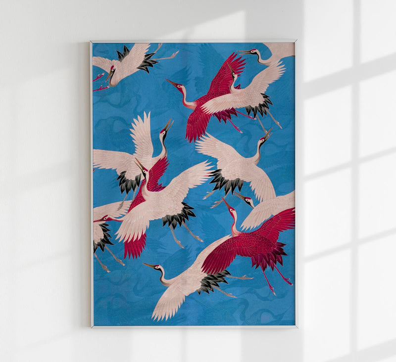 Pink Cranes in Blue Kimono Poster – Japanische Kunst Fine Art Print UV-beständig — Patroa Studio
