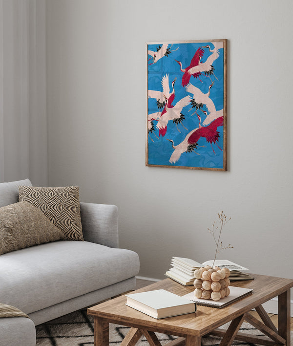 Pink Cranes in Blue Kimono Poster – Japanische Kunst Fine Art Print UV-beständig