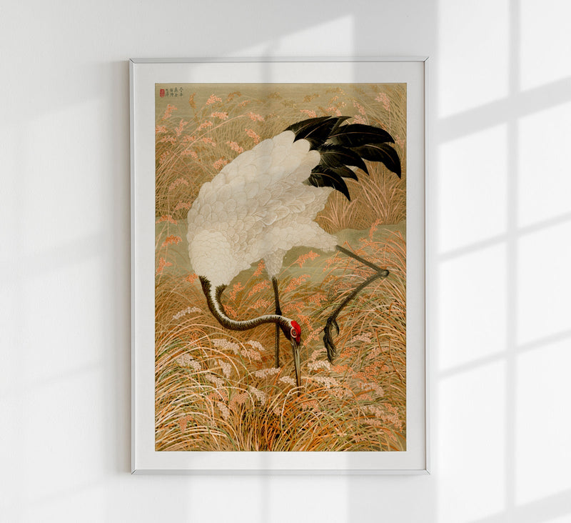 Sarus Crane in Rice Field – Fine Art Print | Japanische Kunst | UV-beständig — Patroa Studio