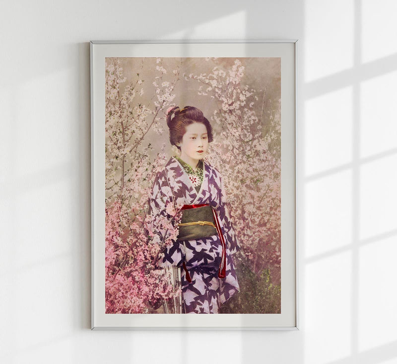 Geisha and Cherry Blossom by Ogawa Kazumasa – Hand-colored Photograph Fine Art Print — Patroa Studio