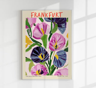 Kunstposter des Frankfurter Blumenmarktes auf feinem Fine Art Canvas mit nachhaltigem Druck und matter Oberfläche für lebendige Raumgestaltung.
