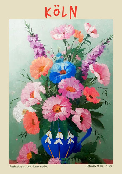 Cologne Local Flower Market Art Poster – Fine Art Print | Colorful Illustration