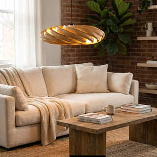 Gofurnit Veneria pendant lamp shade made of oak wood with spiraling slats, 40-80cm diameter, natural wood finish.