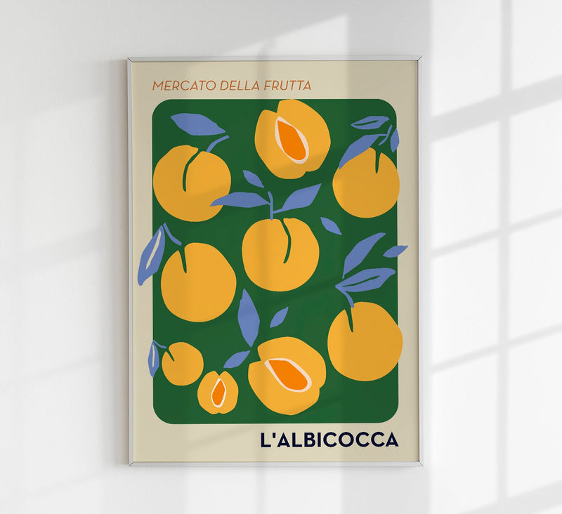 L'Albiocca Fruit Market Art Poster – Fine Art Print | Aprikosen-Illustration — Patroa Studio