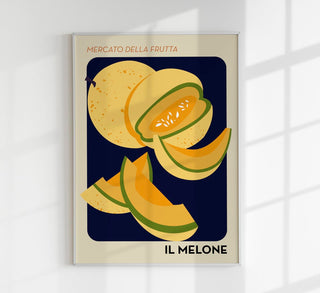 Artistic poster of a melon with the title 'IL MELONE' at the bottom, featuring a stylized depiction of a melon slice and seeds against a dark background.
