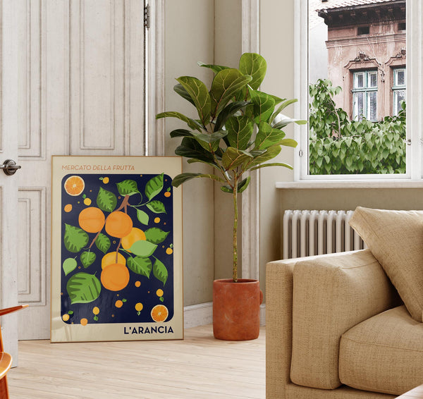 The Orange Dark Blue Fruit Market Art Poster - Fine Art Print