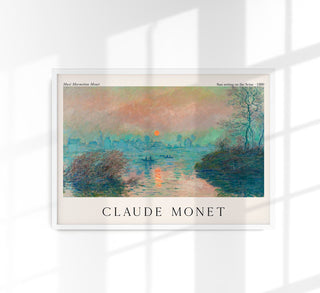 Sun setting on the Seine by Claude Monet Exhibition Poster, Fine-Art-Kunstdruck eines impressionistischen Sonnenuntergangs über der Seine mit reflektierendem Wasser und weichen Pinselstrukturen
