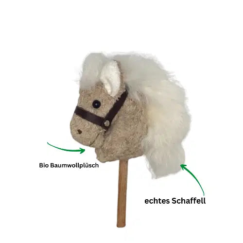 Bio Miniatur Steckenpferd – Bio-Baumwollplüsch, Schaffellmähne, handgefertigt — Pat & Patty