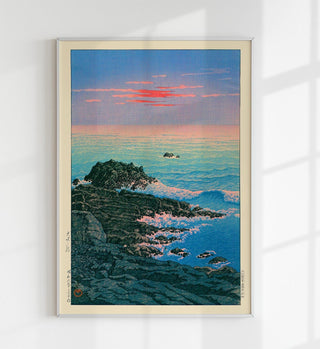 Morning of Cape Inubo von Kawase Hasui als Fine Art Canvas Poster: Poetische Shin Hanga Morgendämmerung über dem dramatischen japanischen Kap für Zen-Räume.
