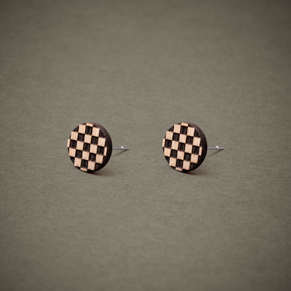 Wooden Checkered Stud Earrings – Handmade