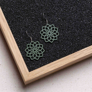 Mandala Holzohrringe, filigrane Ohrhänger mit 1 mm dünnem Holzanhänger, antiallergene Edelstahlstecker in Silber, Gold oder Rosé-Gold, sechs Farben, federleicht
