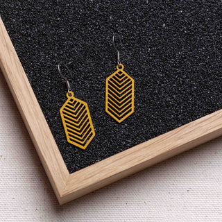 Geometric Holzohrringe, filigrane Ohrhänger mit 1 mm dünnem Holzanhänger, antiallergene Edelstahlstecker in Silber, Gold oder Rosé-Gold, sechs Farben, federleicht
