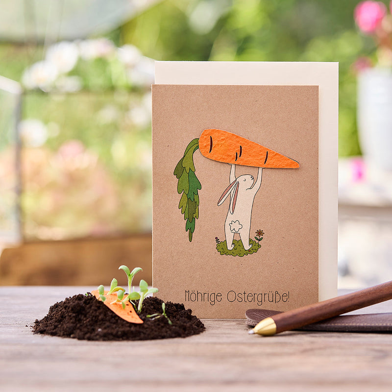 Osterkarte „Möhrige Grüße“ – Saatpapier mit Wildblumensamen — Die Stadtgärtner
