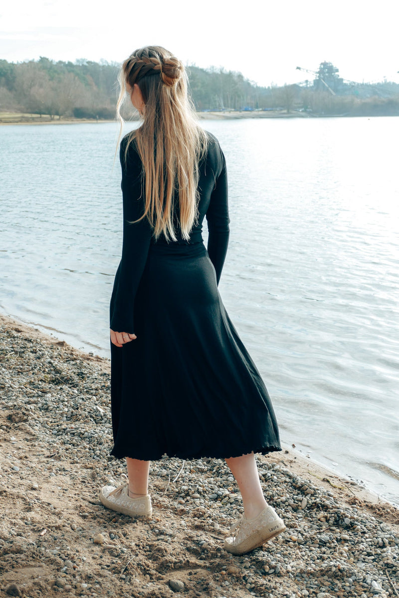 FARRAH Midiskirt black – High Waist Ruffle Hem Slit — Ansicht 4