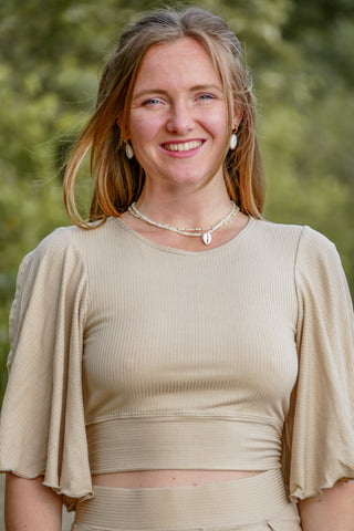 Beiges Crop-Oberteil mit Schmetterlingsärmeln für Damen