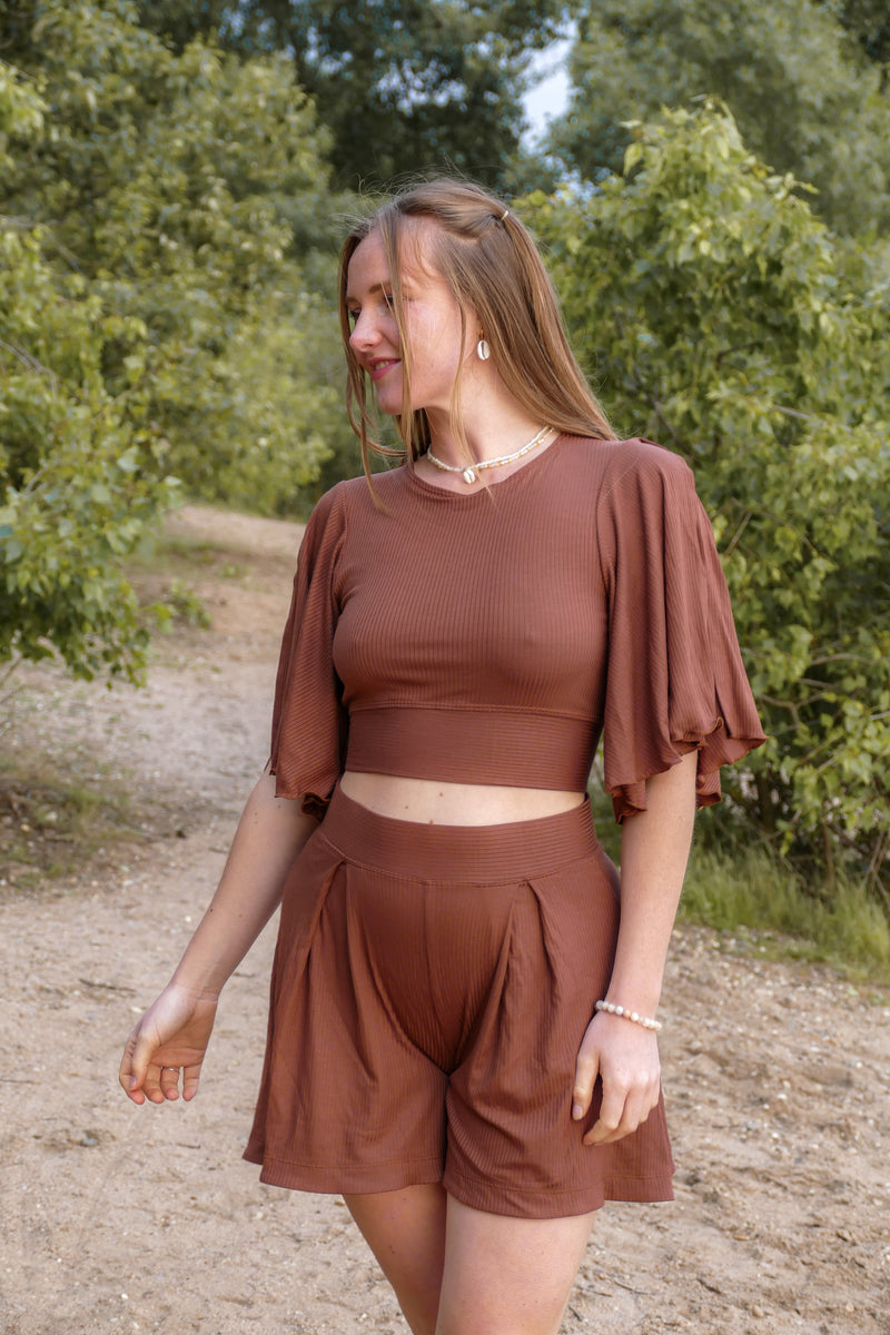 Farrah Flower Shorts Pecan – Hohe Taille, Lyocell, luftiger Schnitt — Ansicht 3