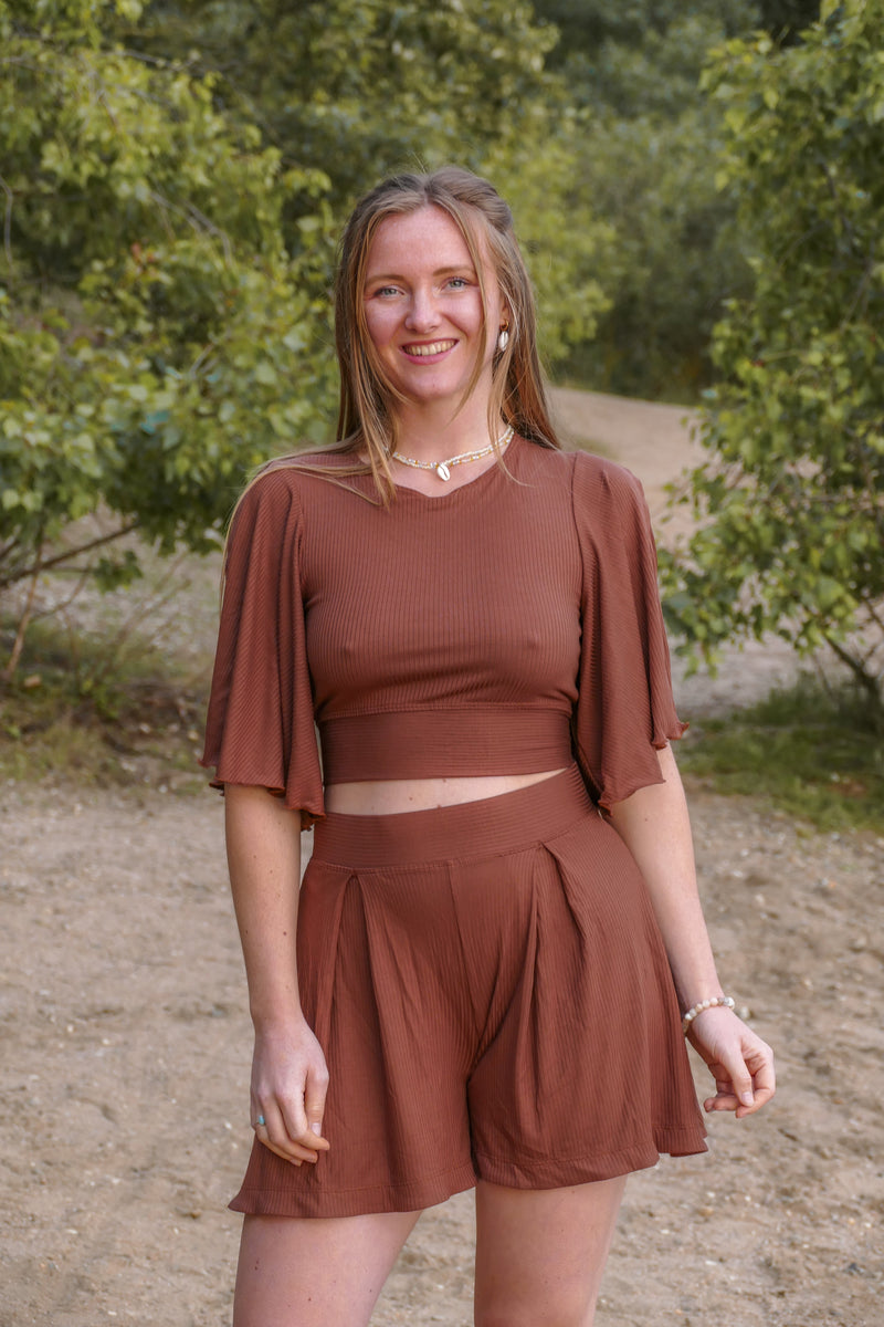 Farrah Flower Shorts Pecan – Hohe Taille, Lyocell, luftiger Schnitt — Vivien Joy