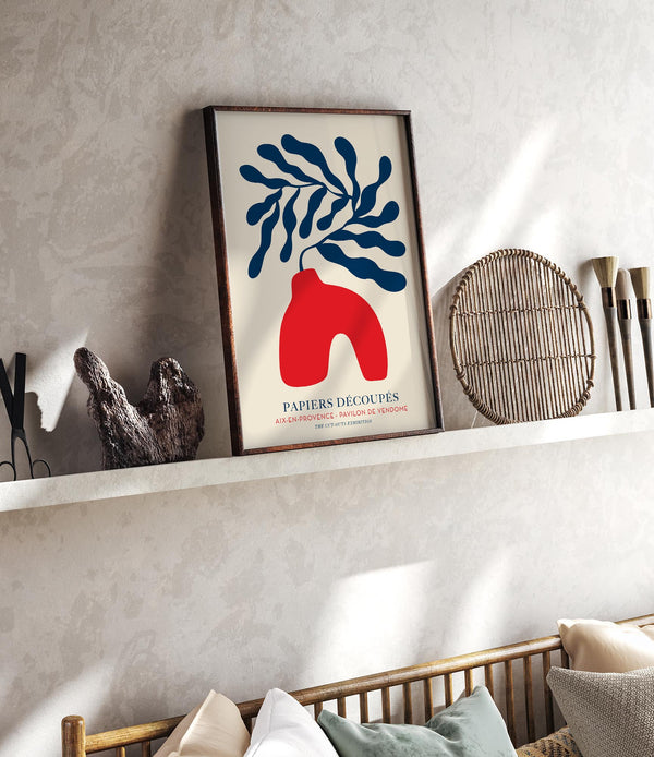 Red Vase Blue Flowers Papiers Découpés Art Poster – Fine Art Print