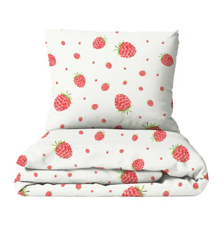 Kinderbettwäsche „Himbeeren“ mit Aquarell‑Himbeeren – wahlweise Musselin oder Satin, OEKO‑Tex Baumwolle, GOTS‑Farben, weich und hautfreundlich fürs Kinderzimmer
