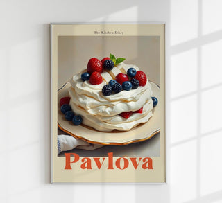Pavlova The Kitchen Diary als Fine Art Canvas Poster: Elegante Dessert-Passion im retro-charmanten Küchentagebuch-Stil für Bäcker und Kücheninteriors.