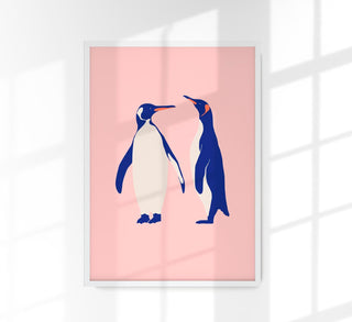 Pinguine in Pink Fine Art Poster mit minimalistischer Pinguin-Illustration vor rosa Hintergrund, ideal für Kinderzimmer, skandinavische Interiors und Tierliebhaber.
