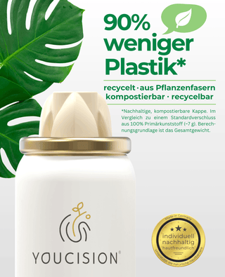 YOUCISION Duschschaum-Kartuschen mit einem grünen Blatt und goldenem Siegel. 90% weniger Plastik im Vergleich zu einem Standardverschluss (ca. 7g) für Duschschäume. Aus recycelten, recycelbaren bis kompostierbaren Materialien. Nachhaltig im Zero-Waste Verfahren produziert.