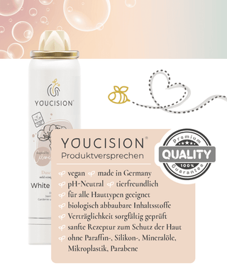 Das YOUCISION Produktversprechen mit Ingie White Blossom. Garantie für beste, vegane Qualität, made in Germany