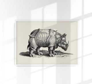Antique Rhino Poster im Antique-Stil auf 225g Fine Art Paper oder 380g Canvas, in A3 bis A0/B0, ohne Rahmen – detailreiche Tierillustration.
