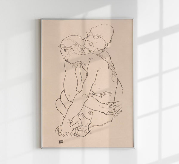 Woman and Girl Embracing by Egon Schiele – Art Print Poster