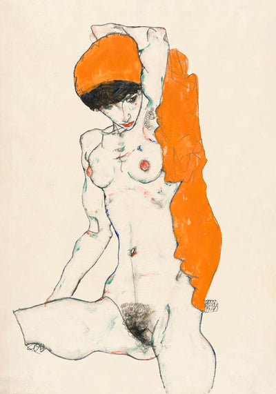 Standing Nude with Orange Drapery – Egon Schiele Art Print