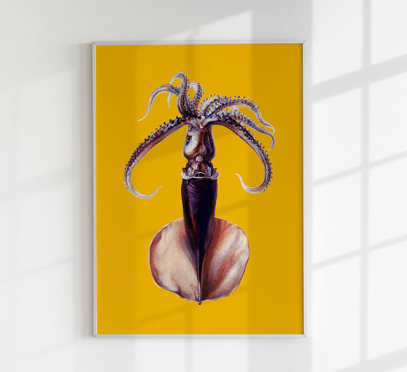 Yellow Squid Art Poster – UV-beständig, Fine Art Print, Meeresmotiv — Patroa Studio