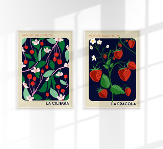 Cherry & Strawberry Set of 2 Prints – Fruit Art Fine Art Print on Paper or Canvas