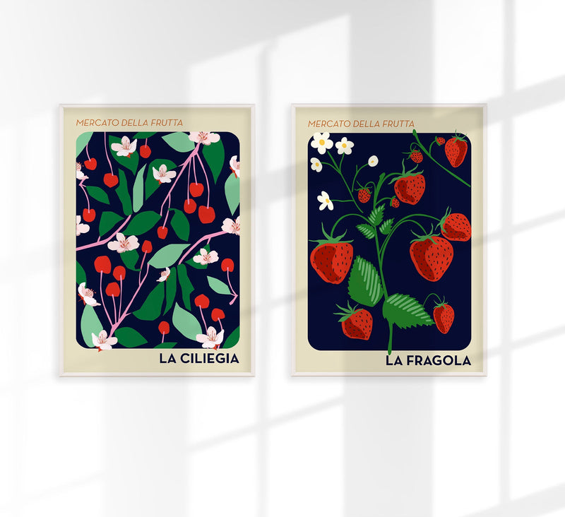 Cherry & Strawberry Set of 2 Prints – Fruit Art Fine Art Print auf Papier oder Canvas — Patroa Studio