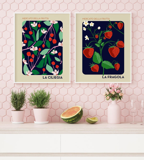 Cherry & Strawberry Set of 2 Prints – Fruit Art Fine Art Print auf Papier oder Canvas