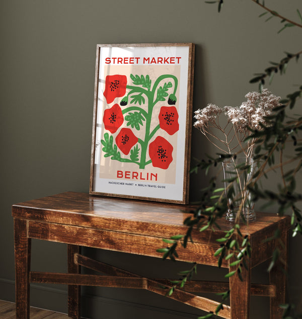 Berlin Street Market Red Flowers Graphic Art Poster – Fine Art Print Botanical Modern
