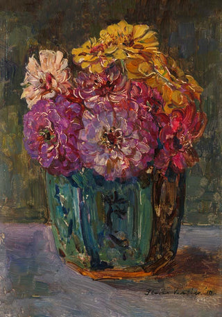 Still Life with Zinnias in a Green Jar – Botanical Poster by Floris Verster | UV-beständig | Premium Kunstdruck aus Berlin